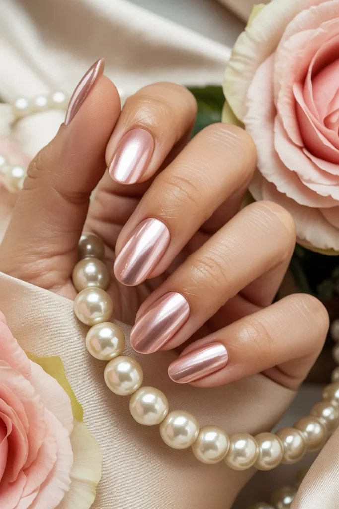32 Elegant Valentine’s Day Nail Ideas for a Chic Romantic Manicure 7 Blush Chrome Almond Nails