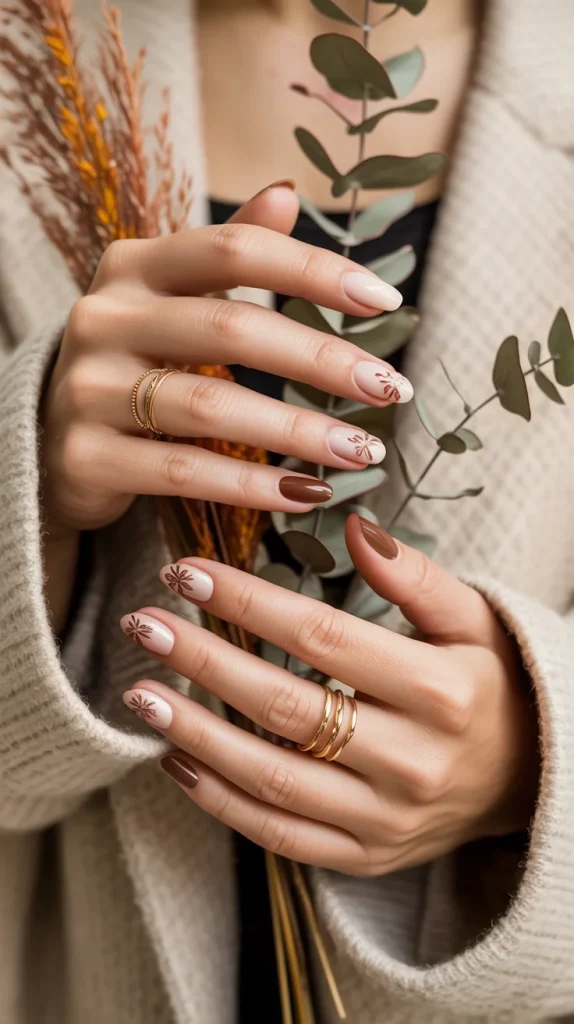 Brown Floral Nails