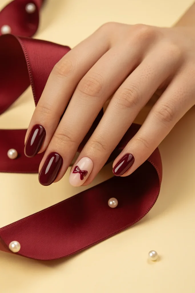Burgundy Bow Accent Nails