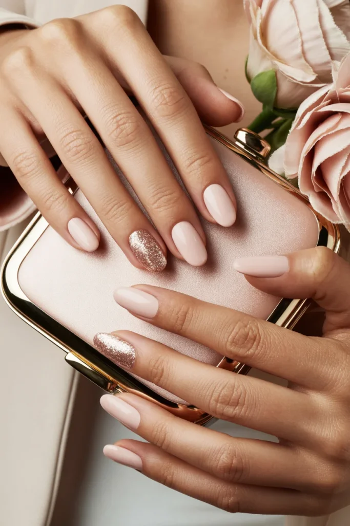 32 Elegant Valentine’s Day Nail Ideas for a Chic Romantic Manicure 20 Champagne Glitter Accent Nail