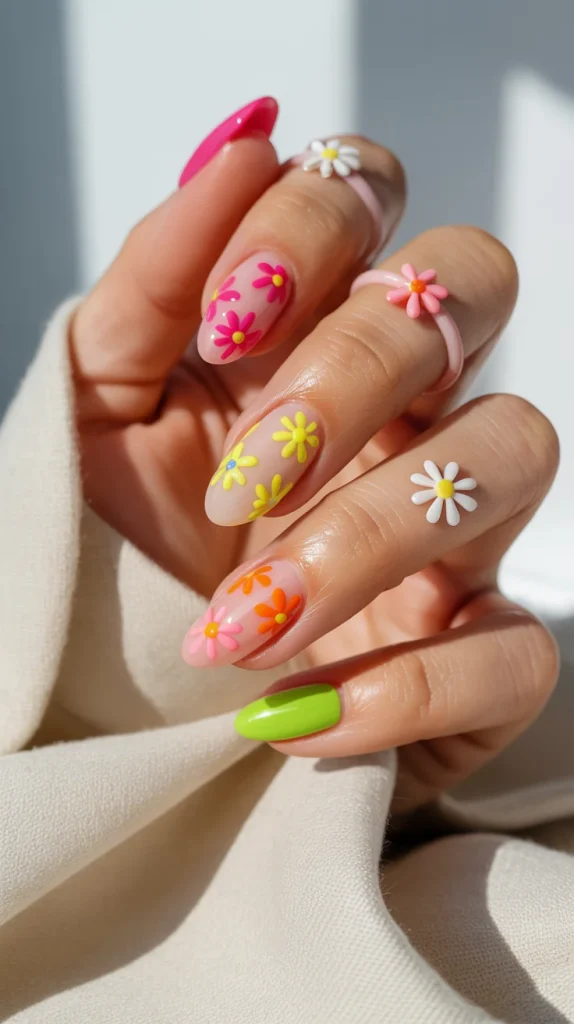 Neon Daisy Nails