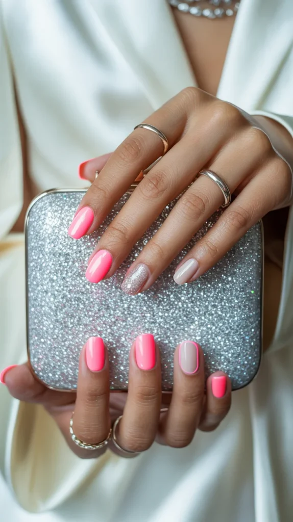 Neon Glitter Accent Nails