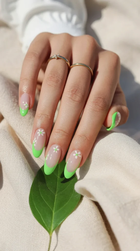 Neon Green French Tips With Flowers