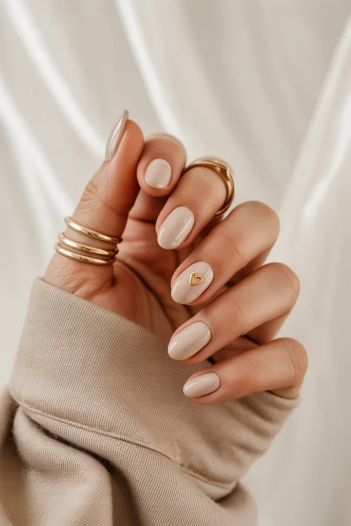 32 Elegant Valentine’s Day Nail Ideas for a Chic Romantic Manicure 27 Neutral Beige Nails With Gold Heart Detail