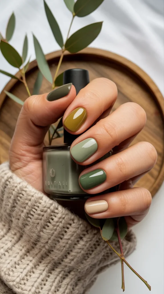 Olive Sage and Earthy Green Short Nails