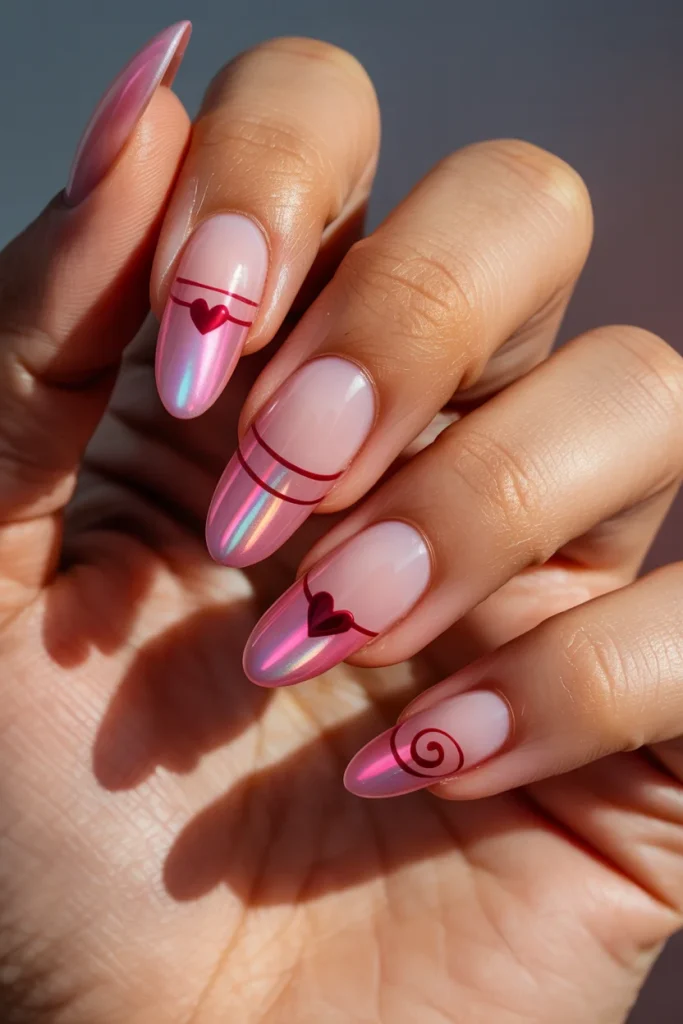 Pink Cat Eye Nails With Red Details