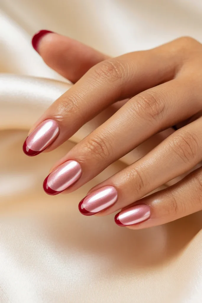Pink Chrome Nails With Red French Tips