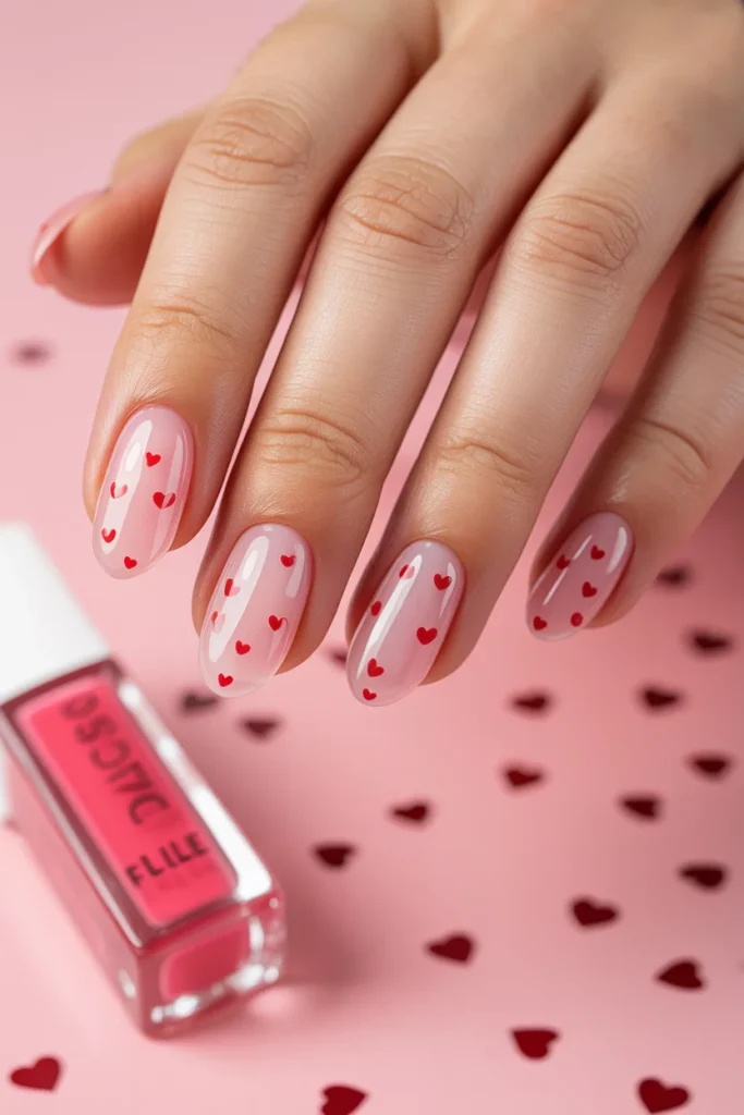 Pink Jelly Nails With Micro Hearts