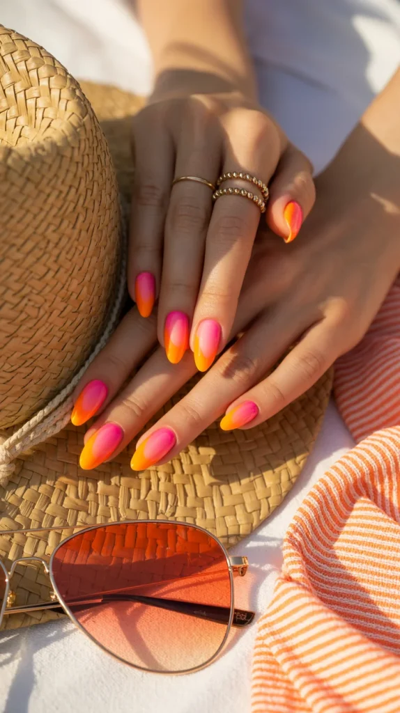 Pink and Orange Sunset Nails