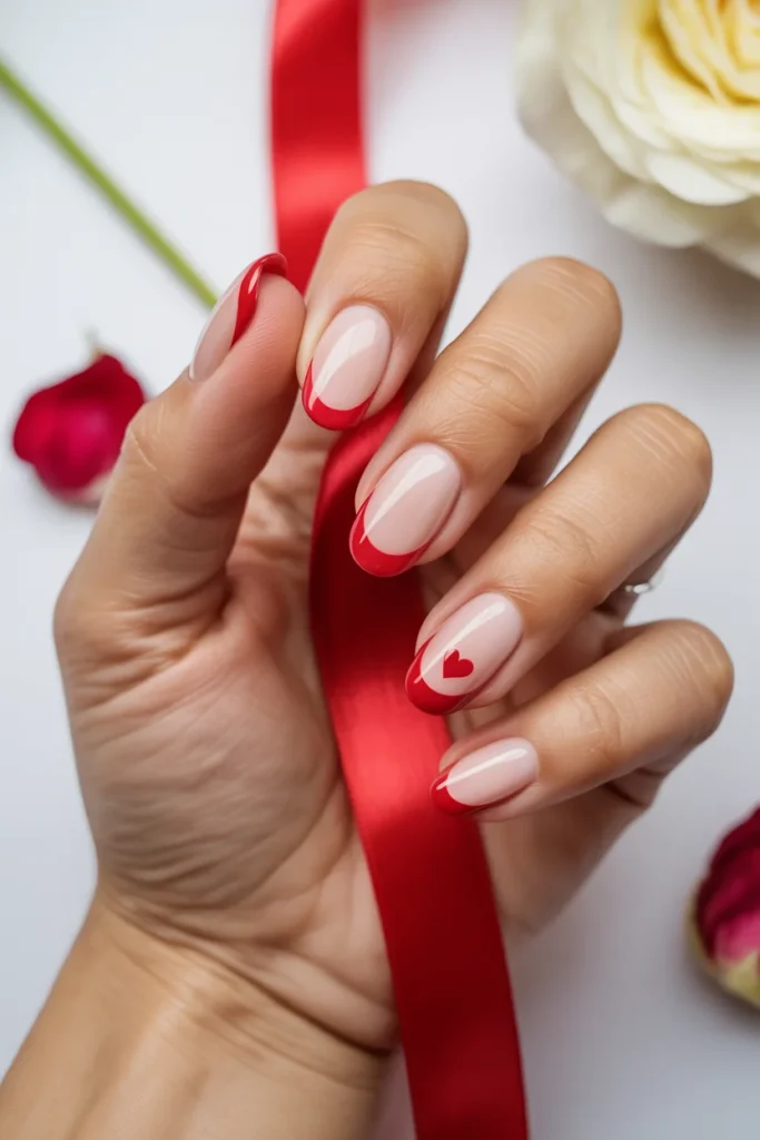 32 Elegant Valentine’s Day Nail Ideas for a Chic Romantic Manicure 8 Red French Tips on a Nude Base
