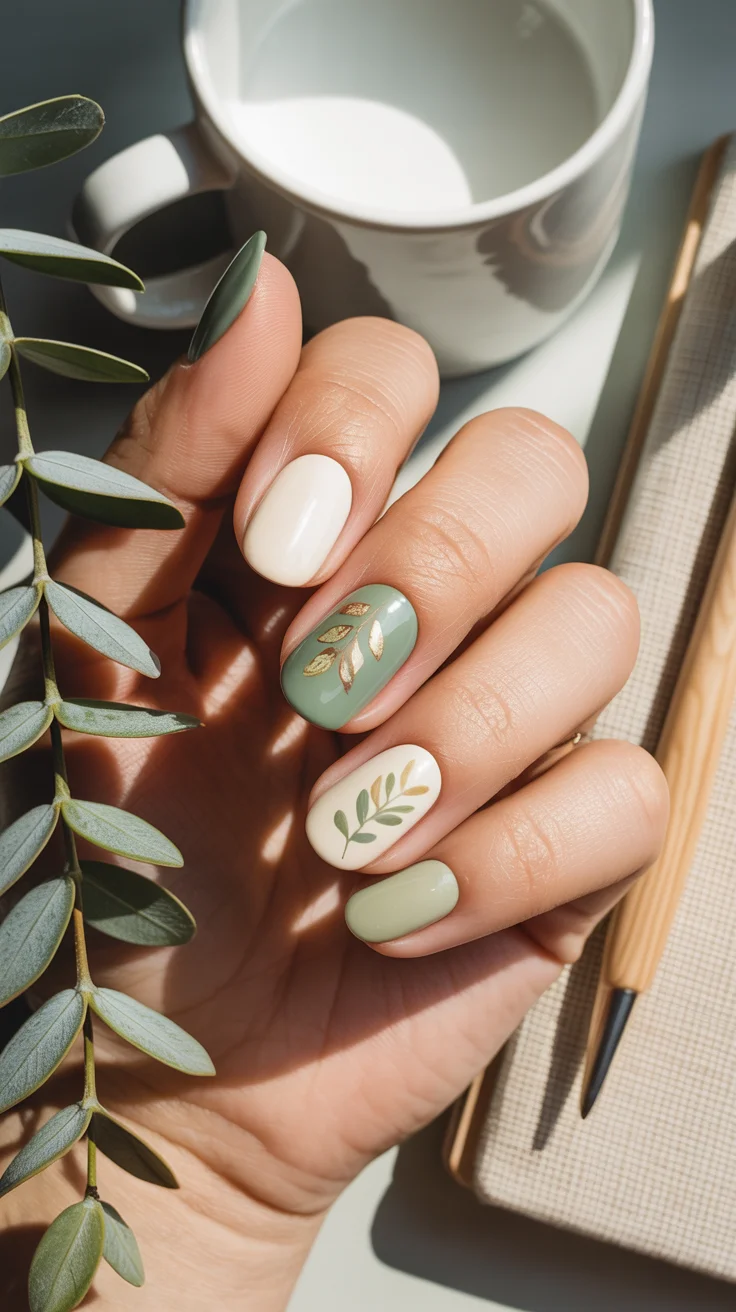 Sage and Cream Mix Nails