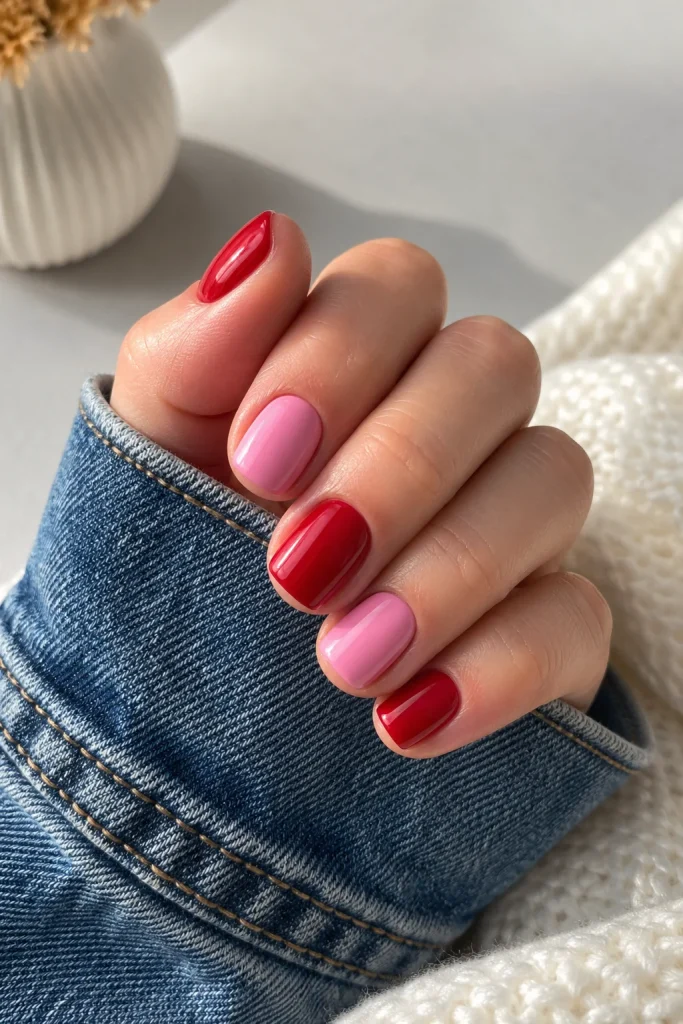 Short Square Red and Pink Nails