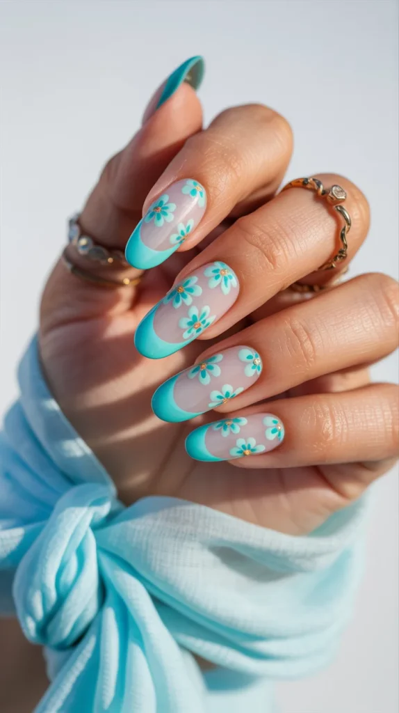 Turquoise Floral Nails