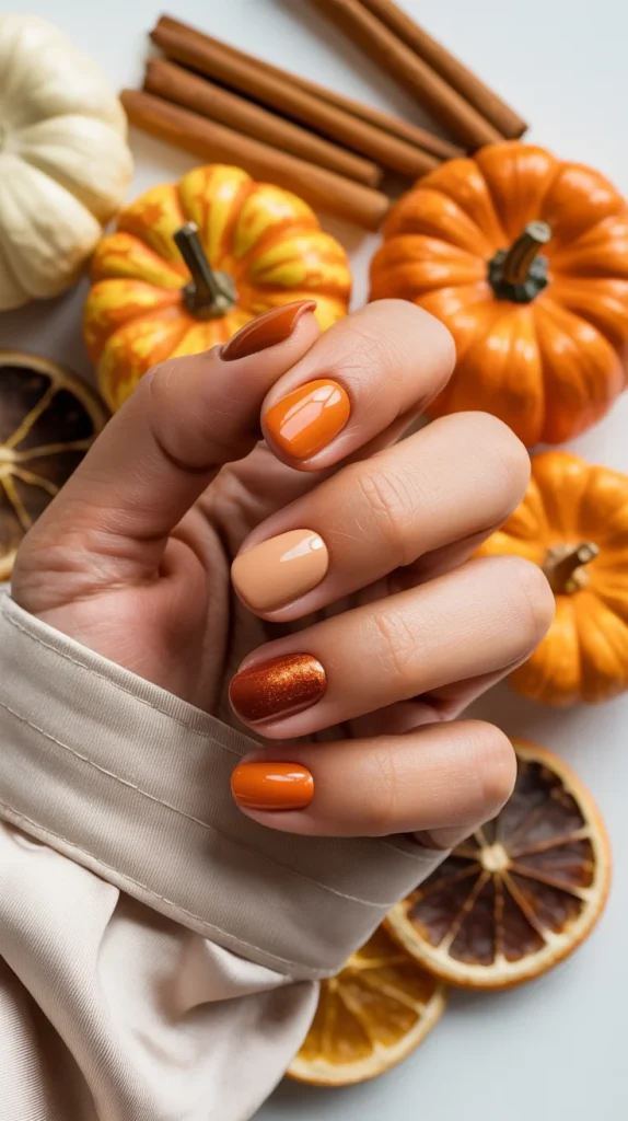Warm Orange Rust and Pumpkin Short Nails