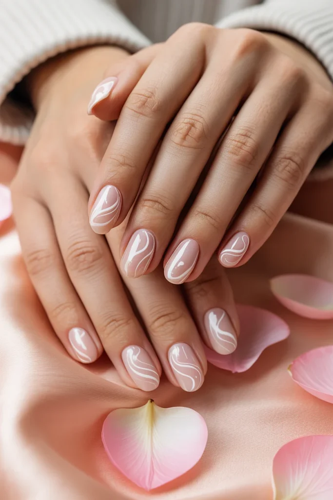 32 Elegant Valentine’s Day Nail Ideas for a Chic Romantic Manicure 24 White and Blush Swirl Nails
